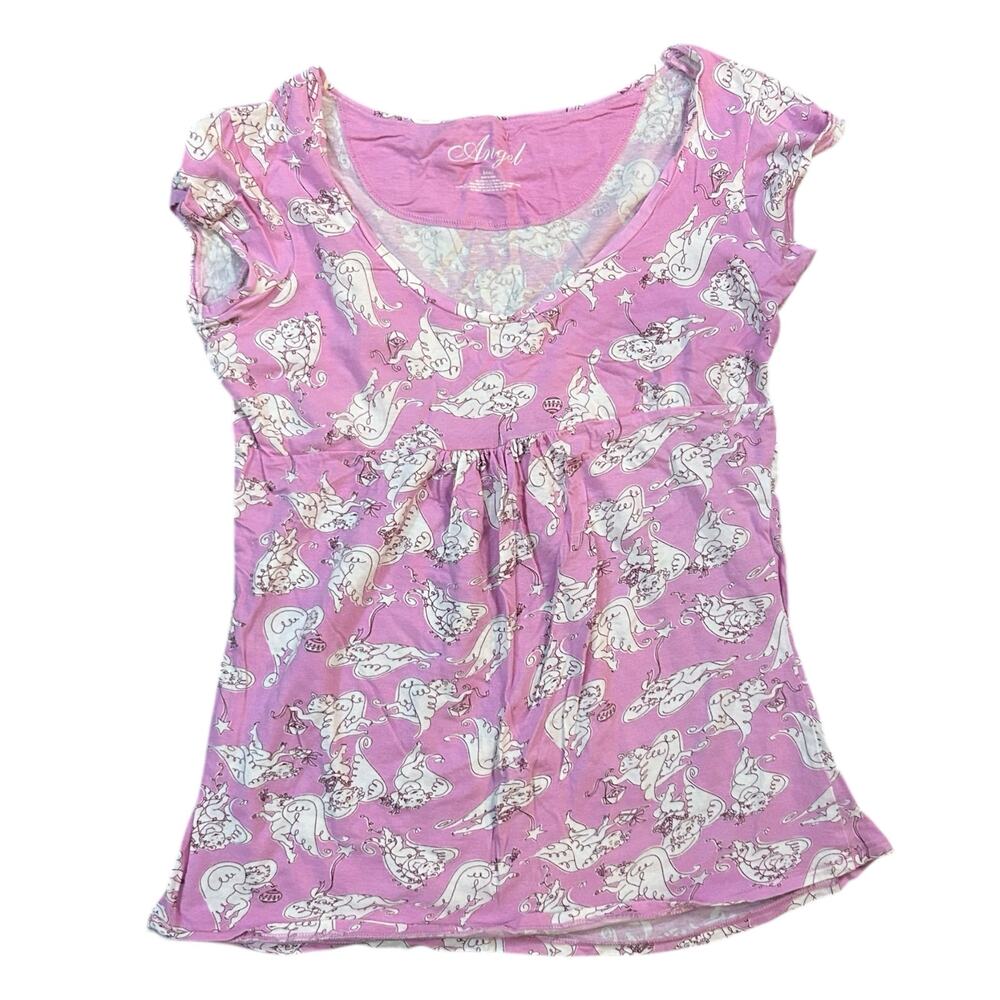 Y2K Scoop Neck Tee Pink White Cherub Angels Womens Small Coquette Romantic